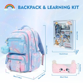 QJHEC Kawaii Starry Rainbow Backpack for Girls – Butterfly Bookbag with Fluffy Charm, Pencil Case & Study Set for Kids & Teens – Blue 17.5inch