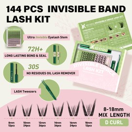 KEYYOU Pixie Lash Clusters Kit Fairy Lash Extension Kit D Curl 144Pcs Eyelash Extension Kit Wispy Natural Invisible Band Lash Kit with Waterproof DIY Lash Extension Kit at Home(Pixie-D-8-18MIX)