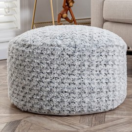 Unstuffed Fur Pouf Ottoman Foot Rest Cover Faux Fur Ottoman Cover 20x12 Inches Round Poof Seat Floor Bean Bag Chair Foot Rest Storage Solutions for Living Room Bedroom Cover ONLY (Gradual White Gray)