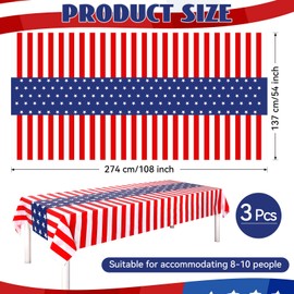 3 Pcs Patriotic Tablecloths, Patriotic Tablecovers Disposable Plastic Tablecloth for Rectangle Tables, 4th of July Decorations for Outdoor Picnic Memorial Veterans Themed Party Supplies, 108 X 54 Inch