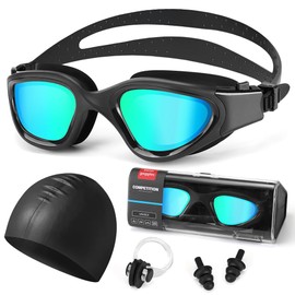 Nasjac Gafas de Natación Anti Niebla UV, 6 en 1 Anteojos de Natación Adultos, Kit Goggles Natacións Incluye Gorro, Auriculares y Clips para la Nariz, para mujeres y hombres (Turquesa)