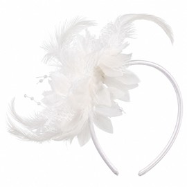 Women's Fascinator Headbands With Flower Pearls - Elegant Tea Party Headband for Weddings, Cocktails,Royal Races - Bridal Veil Hair Accessory for Dresses Halloween Cosplay-White