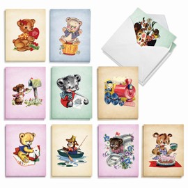 The Best Card Company 20 Assorted Blank Notecards Box Set 4 x 5.12 Inch with Envelopes (10 Designs, 2 Each) Vintage Bears AM10024OCB-B2x10