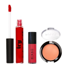 Kit Maquillaje Incluye Rubor Liquido, Rubor en Polvo Bissu y Labial Liquido Mate Indeleble de Larga Duracion | 3 Tonos Disponibles (Red crush)
