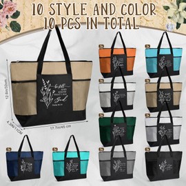 Paterr 10 Pcs Christian Tote Bags Bulk with Pocket Zipper for Women Bible Study Religious Church Gifts for Mother's Day(Neutral Color,Boho)