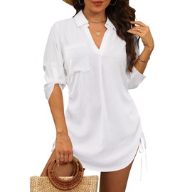 MOHHOM Swimsuit Coverup for Women Bathing Suit Cover Up Summer Swimwear Drawstring Beach Bikini Dress Shirt(White,M)
