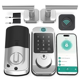 WiFi Door Lock with Handle Set - SMONET Fingerprint Smart Locks for Front Door, Deadbolt Keypad Bluetooth Digital Lock Set with Alexa, App Remote Control, Auto Lock, for Home Silver