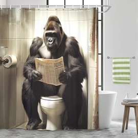 JAWO Funny Gorilla Shower Curtain, Gorilla Sitting on The Toilet Reading a Newspaper Shower Curtains, Fun Orangutan Wild Animal Masculine Humor on Toilet Quirky Animal Grey Shower Curtains