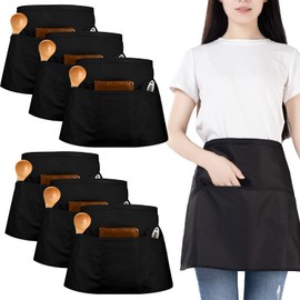 6 Pack Black Waist Apron, Waitress Apron with 3 Pockets, Waterproof Half Apron for Men and Women, Chef Apron for Cooking Cleaning Painting Gardening Bistro Restaurant (Waterproof)