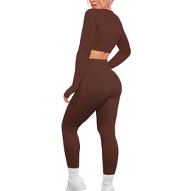 VALANDY Women's Gym Sets 2 Piece Workout Cute Seamless Yoga Leggings Ribbed Crop Top Long Sleeve Activewear Outfits