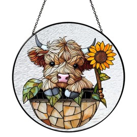 RVEAFA Sunflowers Highland Stained Glass Window Hanging Cowgirl Decor Highland Cow Gifts for Women Christmas Suncatchers for Home Windows Hanging Decoration, 7.87inch