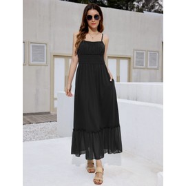 GRACE KARIN Women Ruffle Dress Summer Casual Cami Long Dress Smocked Waist Sleeveless A Line Beach Maxi Dress with Pockets Black XL