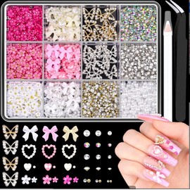 Nail Charms 48PCS Y2K Style 3D Nail Art Charms Mixed Designs Hearts Butterflies Bows Cherries Stars Pink Gem Accents DIY Nail Decoration Accessories for Creative Manicure Home Salon Use Part