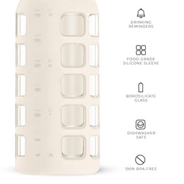 purifyou Premium 40/32 / 22/12 oz Glass Water Bottles with Volume & Times to Drink, Silicone Sleeve & Stainless Steel Lid Insert, Reusable Bottle for Fridge Water, Milk, Juice (22oz Pearled Ivory)