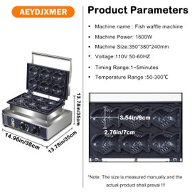 Commercial Taiyaki Fish Waffle Maker Machine,1600W Non-stick Electric Japanese Fish Shaped Waffle Cones, Stainless Steel Professional Taiyaki Machine,Making 6 Mini Closed-Mouth Fish waffles 110V