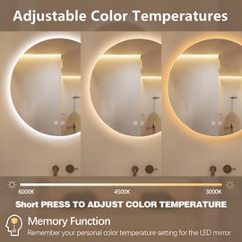 Niccy Round Led Mirror for Bathroom, 24" Circle Frameless Backlit Mirror wiht Light, Anti-Fog, 3 Colors, Waterproof, Memory Function