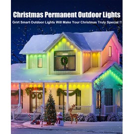 grirt Permanent Outdoor Lights for House, 200Ft Smart RGB+IC Outdoor Decor Lights, 75 Scene Modes, APP & Remote Control, IP67 Waterproof, for Christmas, Daily & Holiday, House Roof Lighting