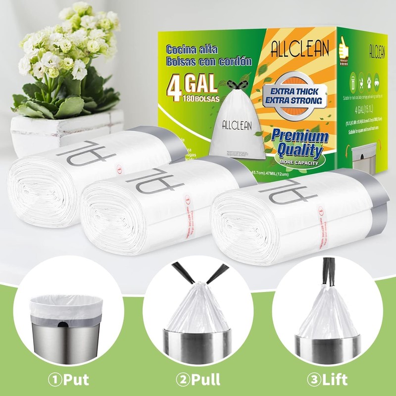 ALLCLEAN 4 Gallon Small Trash Bags, 180 Bags Unscented Small