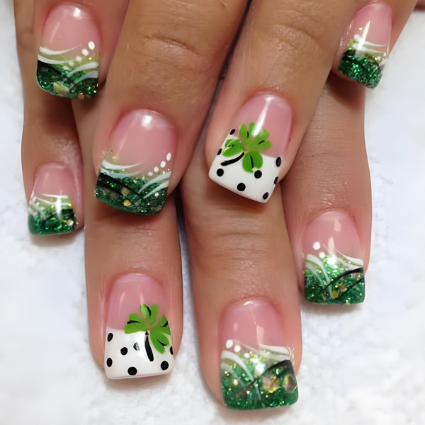 Short Square Press on Nails White Green French Fake Nails