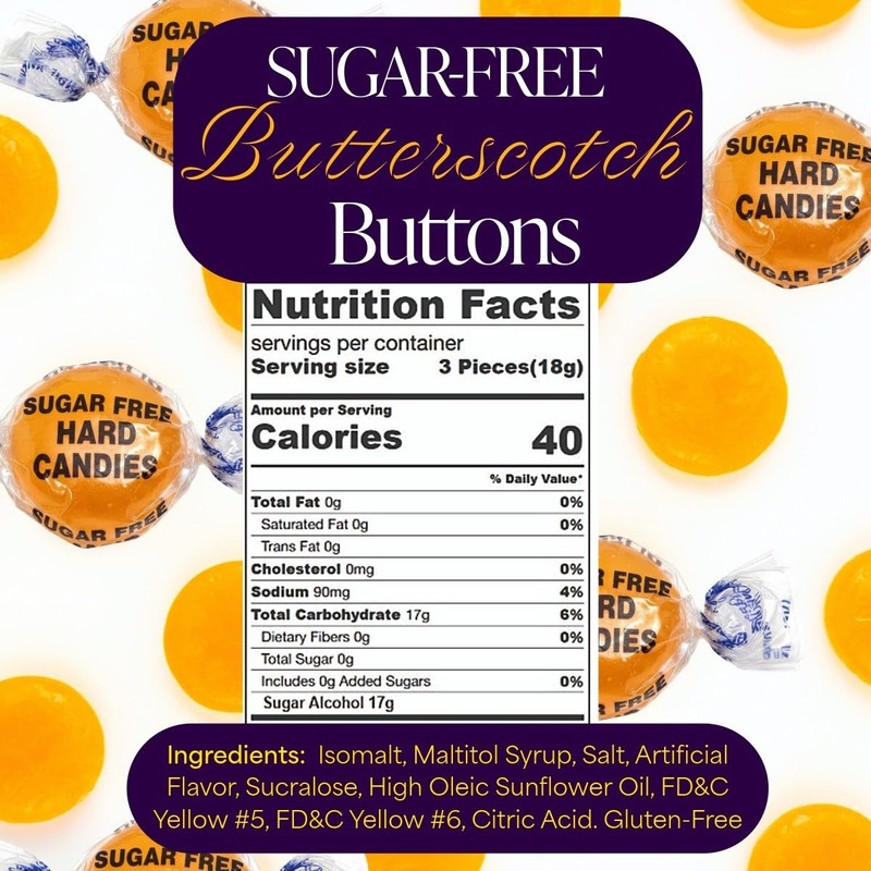 SweetGourmet Sugar-Free Butterscotch Buttons Hard Candy, 2 Pounds, Fat-Free, Gluten-Free,