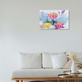 Large Lotus Flower Canvas Print 16x24 Inch – Abstract Pink and Yellow Blooms in Modern Water Zen Style, Gallery Wrapped Wall Art for Bedroom or Living Room