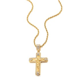Mens Womens Steel Large Jesus Christ Crucifix Cross Pendant Necklace with CZ and 30 in Wheat Chain(CA)