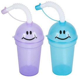 The Dreidel Company Happy Face Sipper Cups, Colorful Plastic Straw Cups with Lid and Straw, Party Favor 6.25" 7 OZ, 6 Pack