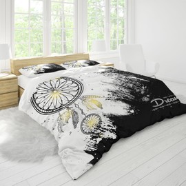 KAIDAARTLH Feather Bed Linen Set 135 x 200 cm, Boho Flowers Bed Linen Dream Catcher for Double Bed, Microfibre 3D Print Soft Comfortable with 2 Pillowcases (B, 135 x 200 cm)
