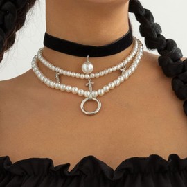 Missgrace Women Bride Boho Vintage Fashion Pearl Rhinestones Crystals Choker Necklace Pearl Dangle Black Cross Choker Necklace Jewelry Prom Party Chunky Necklace for Women