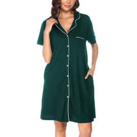 Vlazom Women Soft Nighties V-Neck Button Down Nightdress Classic Boyfriend Style Sleepshirt Relaxed Nightshirt Sleepwear Dark Green,S