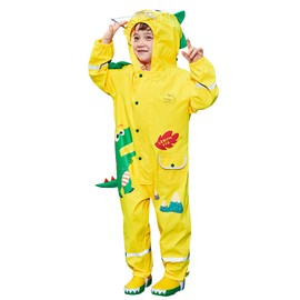 JinBei Kinder Matschanzug Jungen Regenanzug Regenjacke 3D Dinosaurier Regenmantel mit Kapuze Tasche Gelb Regenkleidung Overall Wasserdicht Atmungsaktiv Leicht Matschanzug 6-8 Jahre