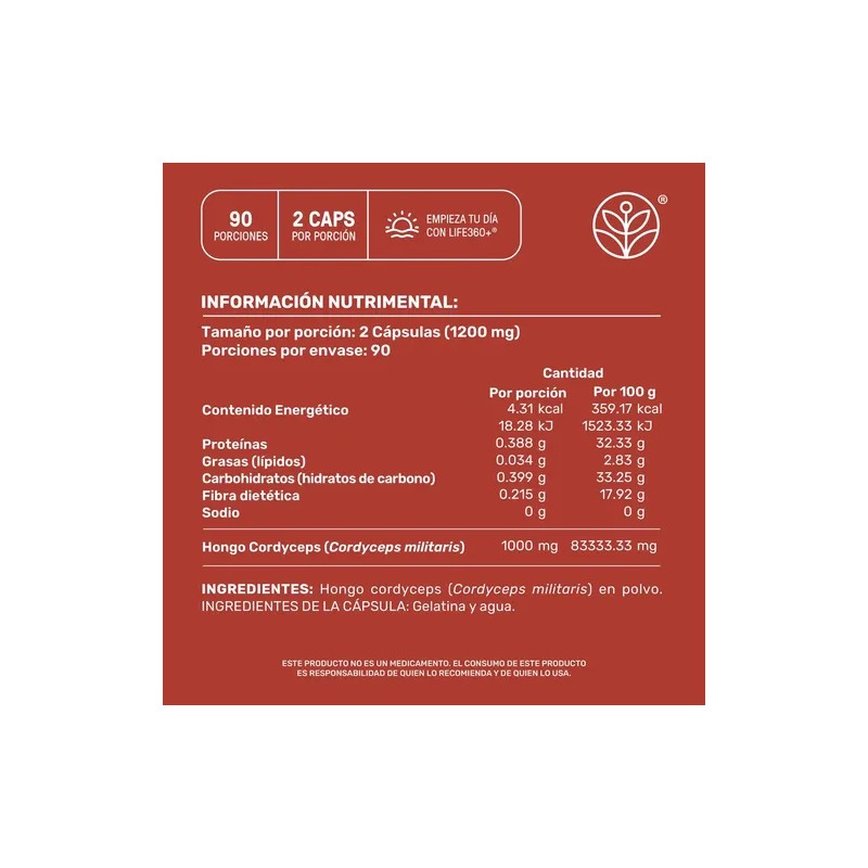 Cordyceps Mushrooms Life 360+ 180 Cápsulas Hongo Cordyceps Sin Sabor