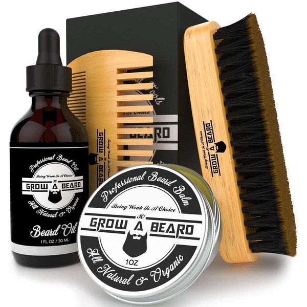 Beard Brush, Oil, Balm, & Comb Grooming Kit for Men's Care, Travel Bamboo Facial Hair Set for Growth, Styling, Shine & Softness, 100% Natural & Organic Ideal for All Styles