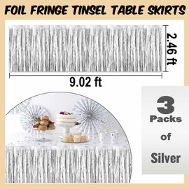 3 Pack Silver Foil Fringe Table Skirt, Shiny Tinsel Table Skirt Streamers Garland for Rectangle Tables, Banquet, Parade Floats, Christmas, Wedding, Birthday Party decorations (29x108 Inch)