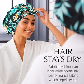 Flomiara Shower Cap for Women, Shower Hat, Waterproof Reusable Shower Caps, Hair Shower Caps for Long, for Both Men, Silky Sleep Bathing Cap for Women Long Curly, Leaf Texture Design