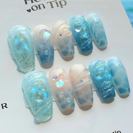 [High Quality Summer Nails] Deep Blue Ocean Handmade Nail Tips - Mini Coffin / [고퀄리티여름네일] 딥블루오션 수제네일팁 - 미니코핀