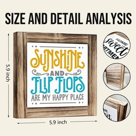 Summer Wood Signs, Farmhouse Wooden Box Desk Sign Decor, Summer Vacation Decors, Beach Decorations for Home, Beach House Decor, Sunshine and Flip Flops are My Happy Place Sign 5.9×5.9inches