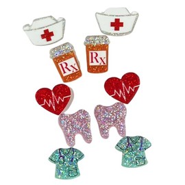 Pingyongchang 5 Pairs Nurses Day Stud Earrings Set Cute Funny Stethoscope Nurse Uniform Cap Tooth Heart Glitter Acrylic Earrings for Women Nurses Week Appreciation Jewelry Gift