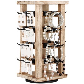 Beeveer Wood Rotating Jewelry Display Tower Rotating Earring Display Stands with 32 Pcs Removable Hooks Earring Holder Keychain Display Shelf for Vendors Selling Store Showcase Home Storage