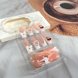 3D Cherry Bow Pearl Fake Nails White French Tip Press on Nails Extra Long Square False Nails with Design Glossy Full Cover Artificial Nails Reusable Stick on Nails Glue on Nails for Women Nail Art