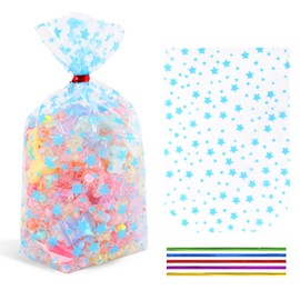 SOMIOCO 100 Pcs 4“X 6” Bottomed Cellophane Goodie Bags Blue Star Prints Party Favor Bags Clear Cellophane Gift Bags Cookie Candy Bags Cellophane Treat Bags, Perfect for Parties, Weddings and Bakeries