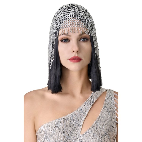BABEYOND 1920s Beaded Cap Headpiece Roaring 20s Beaded Flapper Headpiece Belly Dance Cap Exotic Cleopatra Headpiece for Gatsby Themed Party (Silver)