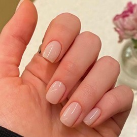 KQueenest Nude Pink Press On Nails Short - Acrylic Press On Nails Square, Sheer Light Pink Short Fake Nails with Glue, Glossy Clear, Reusable Soft Gel Glue on Nails for Women Gift, 24 Pcs