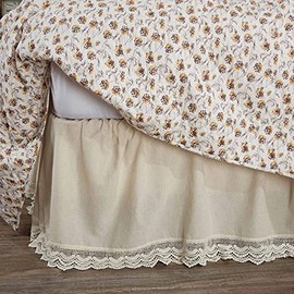 Flax and Lace King Bed Skirt, 16" Drop, Natural Cream Dust Ruffle with Crochet Lace Trim, Vintage Farmhouse, Boho
