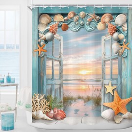Cinbloo Starfish and Seashells Shower Curtain 60Wx72H Beach Barn Door Ocean Coastal Sunset Scenery Rustic Seaside Landscape Teal Blue Wooden Sea Coral Nautical Bathroom Decor Fabric with 12 Hooks