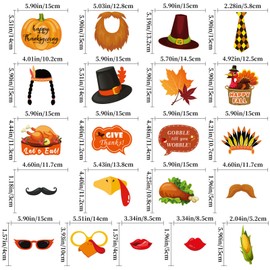 21Pcs Thanksgiving Photo Booth Props Happy Funny Autumn Turkey Day Selfie Props Accessories Fall Maple Leaf Pumpkin Photobooth Props for Photography for DIY Thanksgiving Carnival Party