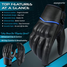 aaasportx Motorcycle Gloves Men's Leather Motorbike Gloves Touchscreen Function - Protectors Motorcycle Gloves Men & Women Motorcycle Gloves with Non-Slip Pads (Non-Perforated, Blue, X-Large)