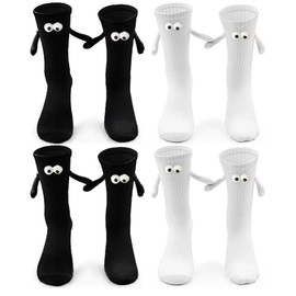 Funny Magnetic Suction 3D Doll Couple Socks, 4 Pairs Hand in Hand Socks, Magnetic Socks for Holding Hands Novelty Socks for Couples (Black and White), Black and White