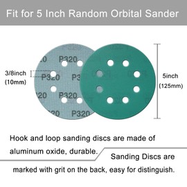 5 Inch 8 Hole Sanding Discs, 50 Pcs Wer Dry Sandpaper 320 Grit Hook and Loop Green Polyester Film Backed Sanding Disc for Random Orbital Sander Wood Car Metal Plastic (320 Grit, 50 Pack)