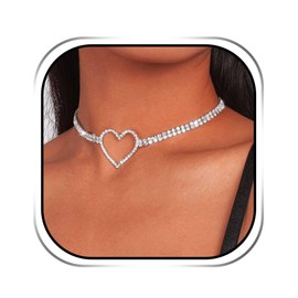 EARENT Rhinestone Choker Necklaces Silver Heart Necklace Chain Sparkly Tennis Chain Neck Jewerly Adjustable for Women